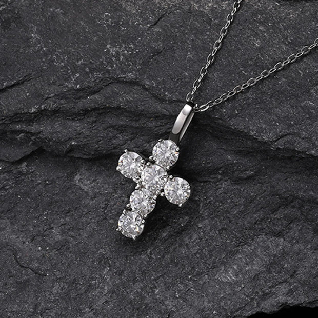 NeeTim 5mm Full Moissanite Diamond Cross Pendant Necklace Original 925 Sterling Silver Plated 18k White Gold Chain for Women