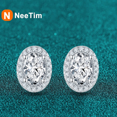 NeeTim 1ct Oval Cut D Color Moissanite Ear Stud Earrings For Women 925 Sterling Silver Sparkling Wedding Earring Fine Jewelry