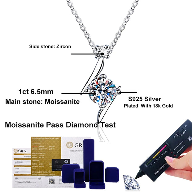 NeeTim 1ct 6.5mm D Color Moissanite Diamond Pendant Necklace 925 Sterling Sliver with 18K Gold Plated Necklaces Gift for Women