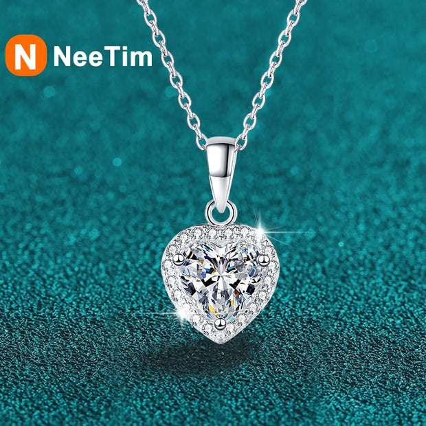 NeeTim 1ct Heart Shape Moissanite Pendant Necklace Sterling 925 Sterling Sliver Chain Plated 18k White Gold Necklace for Women