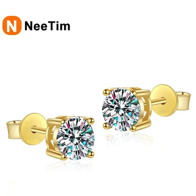 NeeTim 0.2-2 Carat Moissanite Earrings For Women 925 Sterling Silver Ear Studs with Yellow Gold Plated Diamond Wedding Jewelry