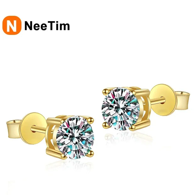 NeeTim 0.2-2 Carat Moissanite Earrings For Women 925 Sterling Silver Ear Studs with Yellow Gold Plated Diamond Wedding Jewelry