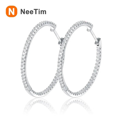 NeeTim Full D Color Moissanite hoop Earrings for Women 925 Sterling Sliver with White Gold Plated Ear Studs Fine Jewelry Gift