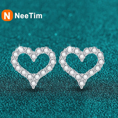 NeeTim All Moissanite Earrings for Women Heart Shape S925 Sterling Sliver with Gold Plated Earring Wedding Party Fine Jewelry