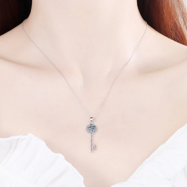 NeeTim 1ct Moissanite Necklace Key Pendant 925 Sterling Silver with Gold Plated Party Neck Chain Gift For Women with Certificate