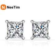 NeeTim 1ct Princess Cut Moissanite Earrings for Women S925 Sterling Sliver with Gold Plated Ear Studs Wedding Party Fine Jewelry