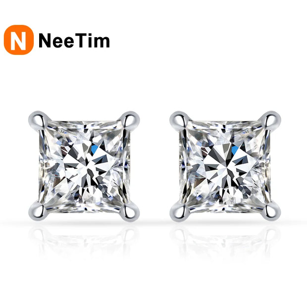 NeeTim 1ct Princess Cut Moissanite Earrings for Women S925 Sterling Sliver with Gold Plated Ear Studs Wedding Party Fine Jewelry