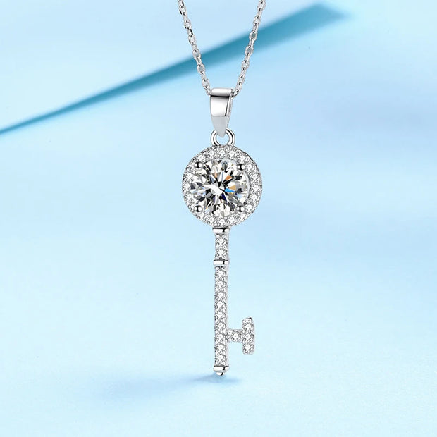 NeeTim 1ct Moissanite Necklace Key Pendant 925 Sterling Silver with Gold Plated Party Neck Chain Gift For Women with Certificate