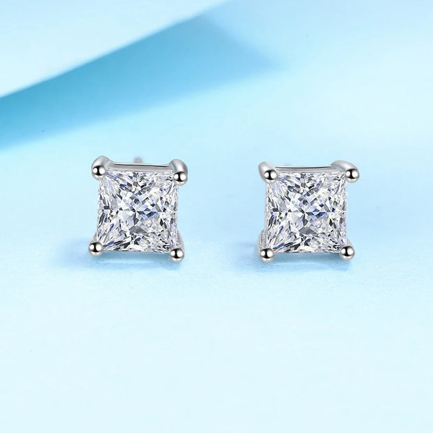 NeeTim 2 Carat Princess Cut Moissanite Earrings s925 Sterling Sliver Plated with 18k White Gold Ear Studs for Women Fine Jewelry