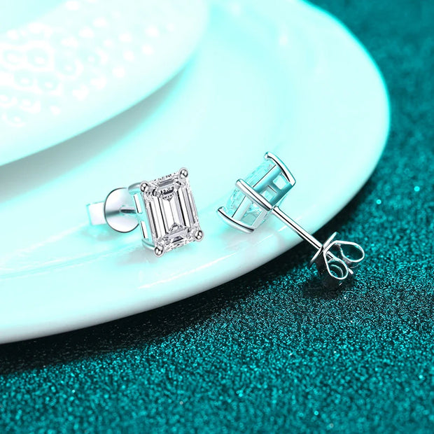 NeeTim 2ct Emerald Cut Radiant Cut Moissanite Earrings S925 Sterling Silver Wedding Ear Studs Fine Jewelry for Women Girls Gift