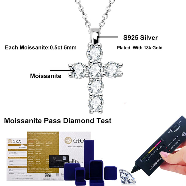 NeeTim 5mm Full Moissanite Diamond Cross Pendant Necklace Original 925 Sterling Silver Plated 18k White Gold Chain for Women