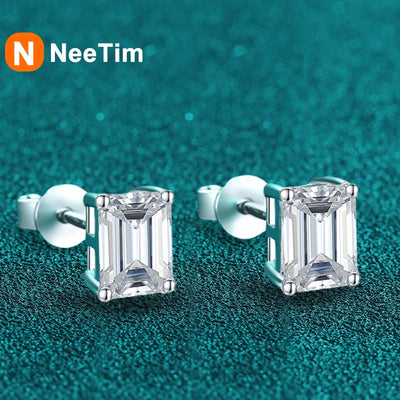 NeeTim 2ct Emerald Cut Radiant Cut Moissanite Earrings S925 Sterling Silver Wedding Ear Studs Fine Jewelry for Women Girls Gift