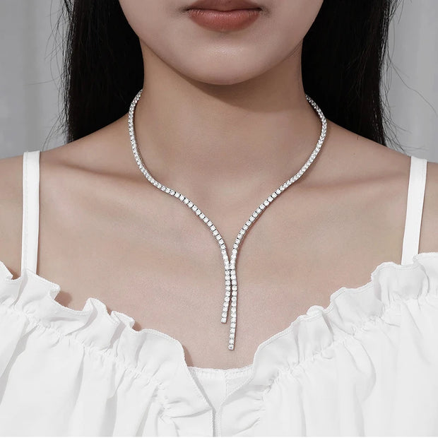 NeeTim Moissanite Tennis Necklace for Woman with Certificate 925 Sterling Sliver Plated 18k White Gold Tassel Necklaces Jewelry