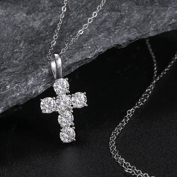 NeeTim 5mm Full Moissanite Diamond Cross Pendant Necklace Original 925 Sterling Silver Plated 18k White Gold Chain for Women