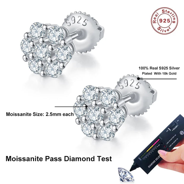 NeeTim Full Moissanite Stud Earrings Lab Diamond 925 Sterling Silver Screw Studs Earring Fine Jewelry Gift With GRA Certificate