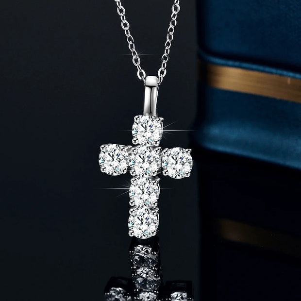 NeeTim 5mm Full Moissanite Diamond Cross Pendant Necklace Original 925 Sterling Silver Plated 18k White Gold Chain for Women