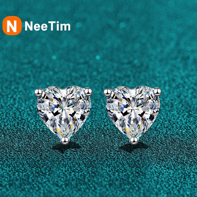 NeeTim 2ct D Color Moissanite Lab Diamond Heart Stud Earring For Women 925 Sterling Silver Wedding Engagement Ear Studs Jewelry