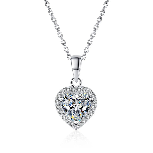 NeeTim 1ct Heart Shape Moissanite Pendant Necklace Sterling 925 Sterling Sliver Chain Plated 18k White Gold Necklace for Women