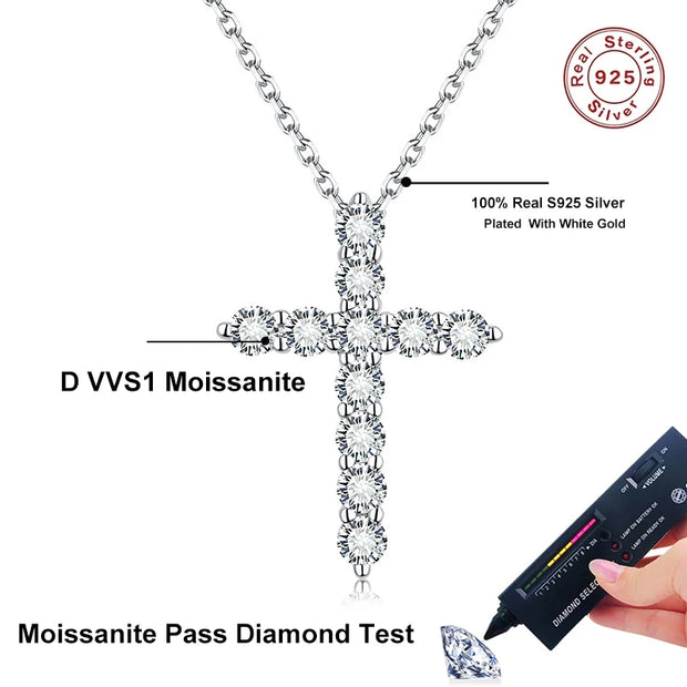 NeeTim 5mm D Color Moissanite Jesus Cross Pendant  for Women Men S925 Silver 18k White Gold Plated Necklace Wedding Jewelry Gift