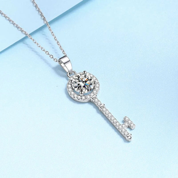 NeeTim 1ct Moissanite Necklace Key Pendant 925 Sterling Silver with Gold Plated Party Neck Chain Gift For Women with Certificate