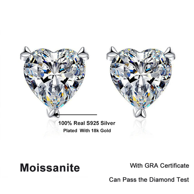 NeeTim D Color Heart Shape Moissanite Stud Earrings for Women Classic Wedding Gift S925 Sterling Silver Ear Studs GRA Certified