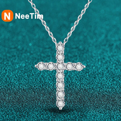 NeeTim 5mm D Color Moissanite Jesus Cross Pendant  for Women Men S925 Silver 18k White Gold Plated Necklace Wedding Jewelry Gift