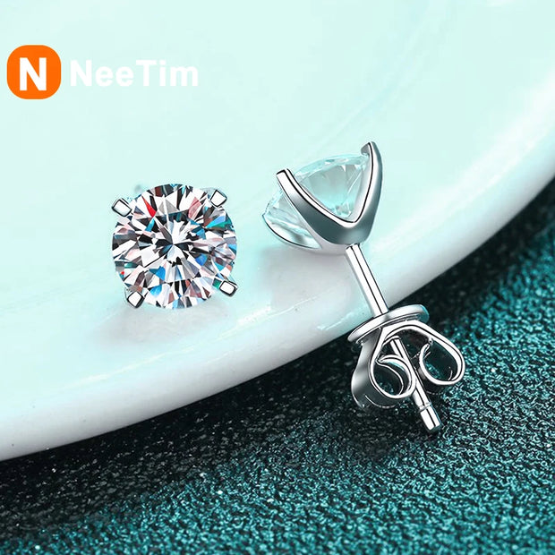 NeeTim Real 2 Carat D Color Moissanite Stud Earrings For Women 100% 925 Sterling Silver Sparkling Diamond Wedding Jewelry Gift