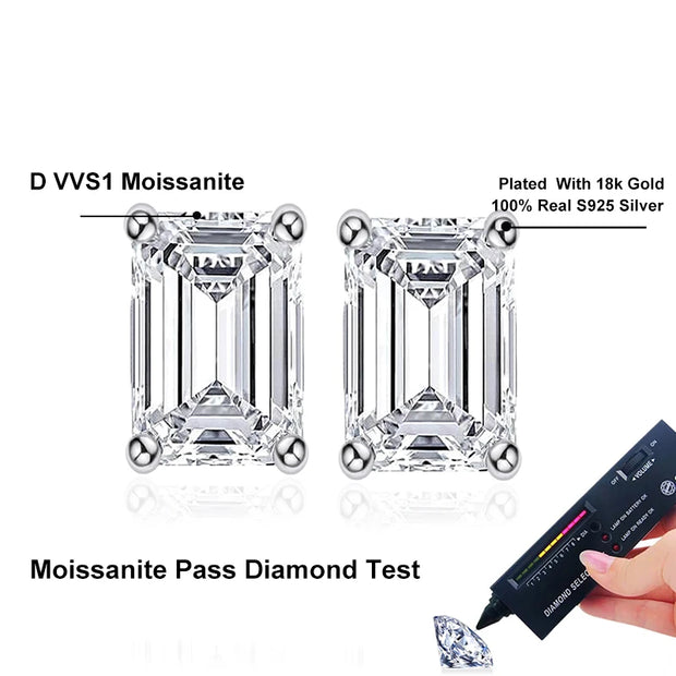 NeeTim 2ct Emerald Cut Radiant Cut Moissanite Earrings S925 Sterling Silver Wedding Ear Studs Fine Jewelry for Women Girls Gift