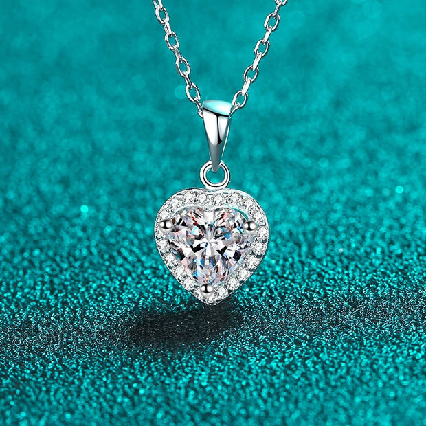 NeeTim 1ct Heart Shape Moissanite Pendant Necklace Sterling 925 Sterling Sliver Chain Plated 18k White Gold Necklace for Women