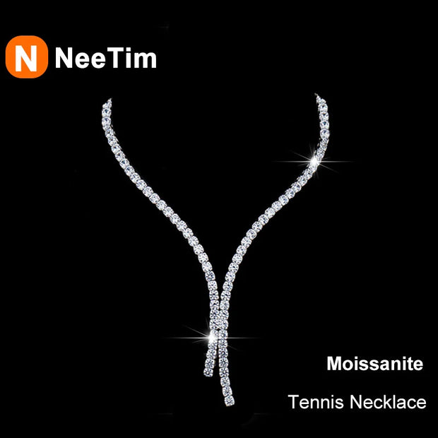 NeeTim Moissanite Tennis Necklace for Woman with Certificate 925 Sterling Sliver Plated 18k White Gold Tassel Necklaces Jewelry