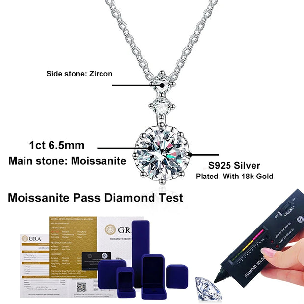 NeeTim 1ct 6.5mm D Color Moissanite Diamond Pendant Necklace 925 Sterling Sliver Neck Chain Necklaces with GRA Gift for Women