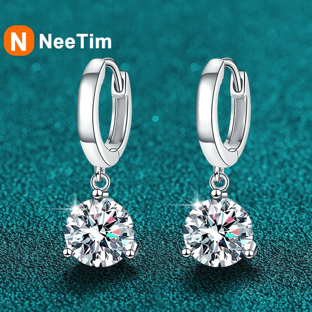 NeeTim 2ct Moissanite Earrings100% S925 Sterling Sliver Orginal Drop Earring Wedding Bride Jewelry with Certificate for Women