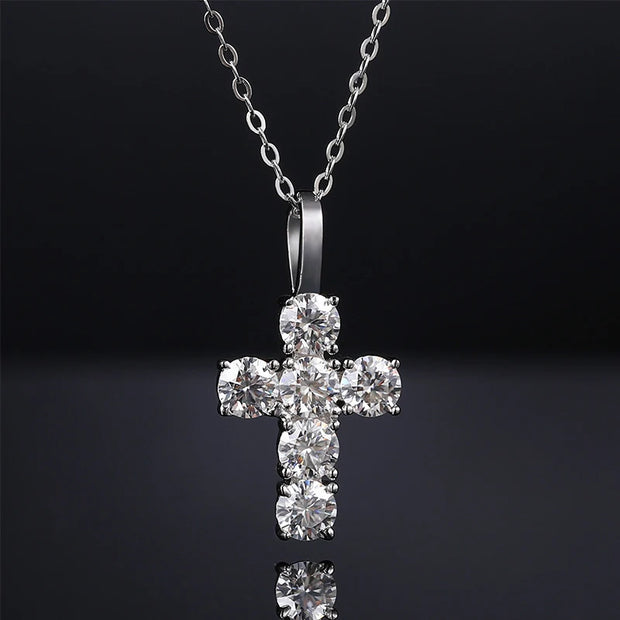 NeeTim 5mm Full Moissanite Diamond Cross Pendant Necklace Original 925 Sterling Silver Plated 18k White Gold Chain for Women