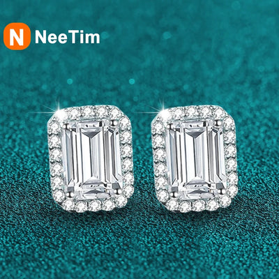 NeeTim 2ct Emerald Cut Radiant Cut Moissanite Earrings Lab Diamond S925 Sterling Silver Wedding Ear Studs Fine Jewelry for Women