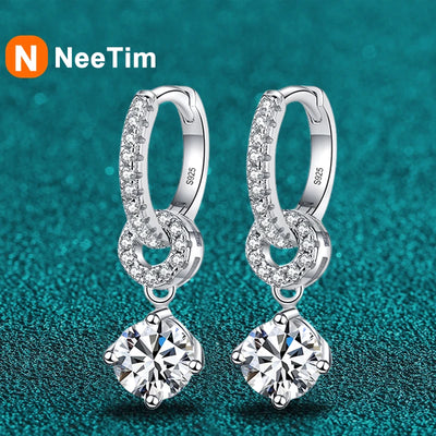 NeeTim D VVS1 Moissanite Diamond Hoop Earrings 925 Sterling Silver for Women with Gold Plated Fine Drop Earring Fine Jewelry