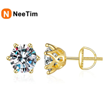 NeeTim Moissanite Diamond Stud Earrings for Women Original 925 Sterling Silver with Gold Plated Screw Back Earring Fine Jewelry