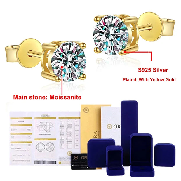 NeeTim 0.2-2 Carat Moissanite Earrings For Women 925 Sterling Silver Ear Studs with Yellow Gold Plated Diamond Wedding Jewelry