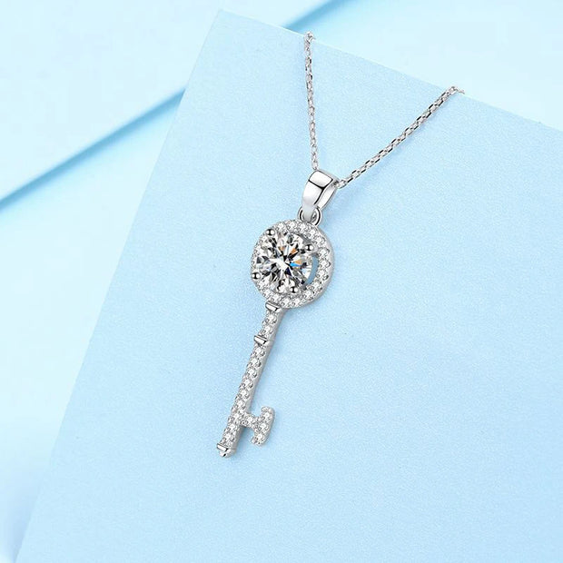 NeeTim 1ct Moissanite Necklace Key Pendant 925 Sterling Silver with Gold Plated Party Neck Chain Gift For Women with Certificate