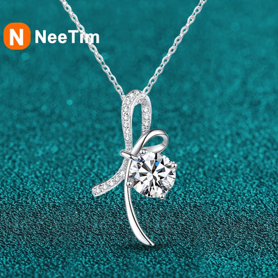NeeTim 1ct Moissanite 925 Sterling Silver Necklace For Women Girl Lab Diamonds Pendant Necklaces With GRA Certificate Party Gift