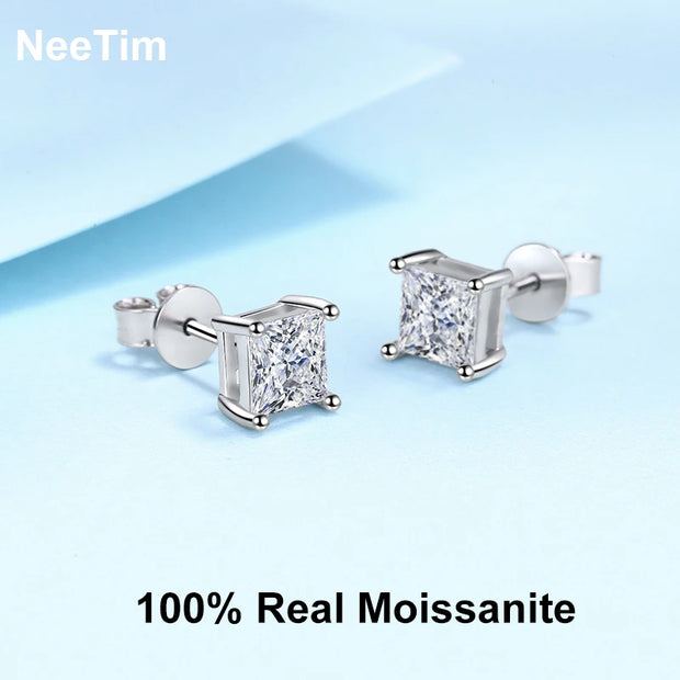 NeeTim 2 Carat Princess Cut Moissanite Earrings s925 Sterling Sliver Plated with 18k White Gold Ear Studs for Women Fine Jewelry