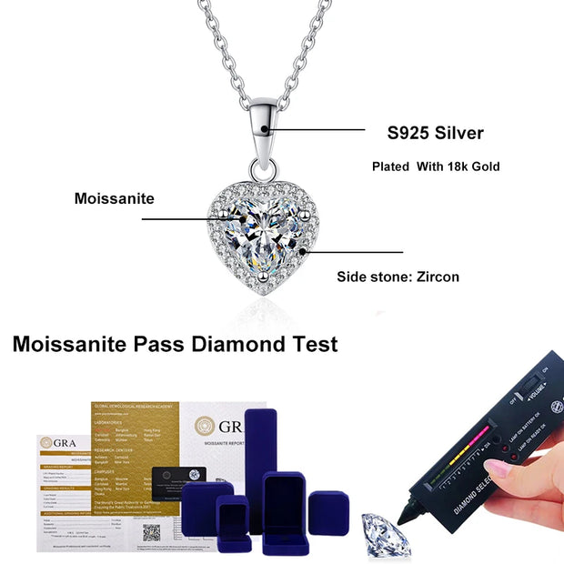 NeeTim 1ct Heart Shape Moissanite Pendant Necklace Sterling 925 Sterling Sliver Chain Plated 18k White Gold Necklace for Women