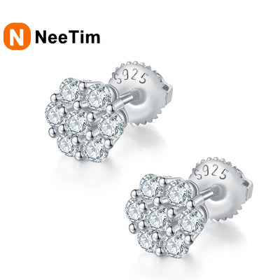 NeeTim Full Moissanite Stud Earrings Lab Diamond 925 Sterling Silver Screw Studs Earring Fine Jewelry Gift With GRA Certificate