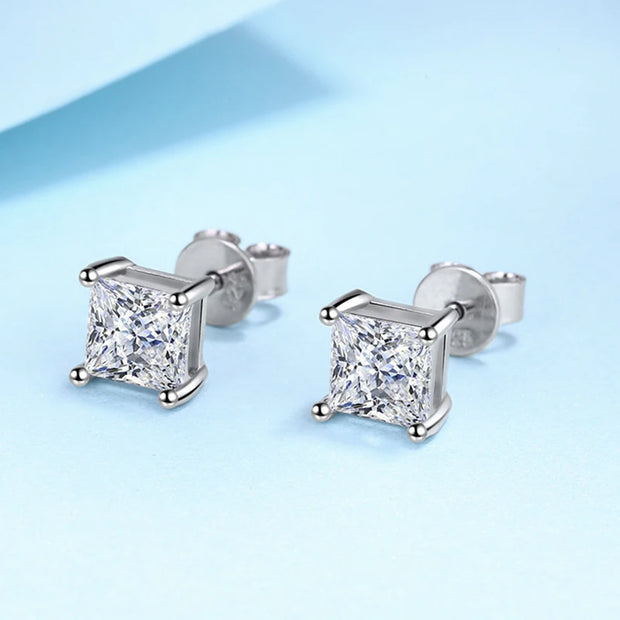 NeeTim 2 Carat Princess Cut Moissanite Earrings s925 Sterling Sliver Plated with 18k White Gold Ear Studs for Women Fine Jewelry