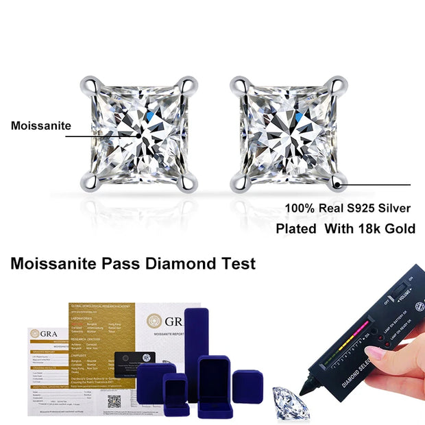 NeeTim 1ct Princess Cut Moissanite Earrings for Women S925 Sterling Sliver with Gold Plated Ear Studs Wedding Party Fine Jewelry