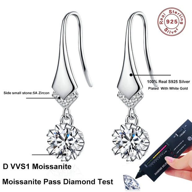 NeeTim 1ct 0.5ct D Color Moissanite Drop Earrings For Women S925 Silver Lab Diamond Engagement Wedding Party Snowflake Earring