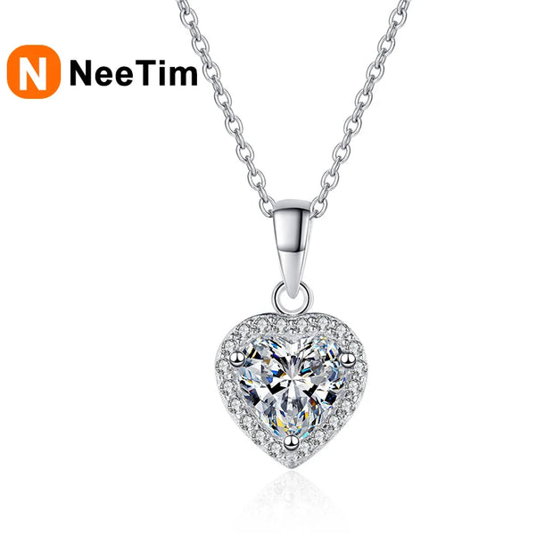NeeTim 1ct Heart Shape Moissanite Pendant Necklace Sterling 925 Sterling Sliver Chain Plated 18k White Gold Necklace for Women