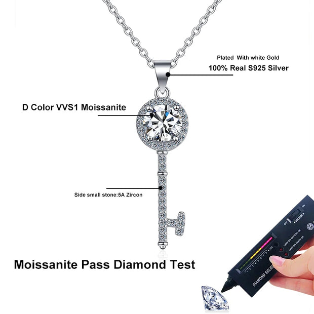 NeeTim 1ct Moissanite Necklace Key Pendant 925 Sterling Silver with Gold Plated Party Neck Chain Gift For Women with Certificate
