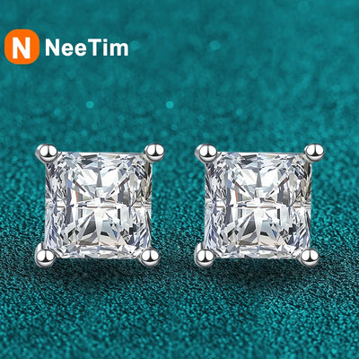 NeeTim 2 Carat Princess Cut Moissanite Earrings s925 Sterling Sliver Plated with 18k White Gold Ear Studs for Women Fine Jewelry