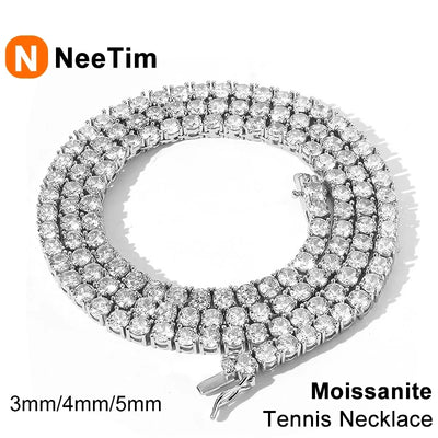 NeeTim 3mm 4mm 5mm Moissanite Tennis Necklace 925 Sterling Sliver with Gold Plated Necklaces for Women Men Neck Chain Jewelry