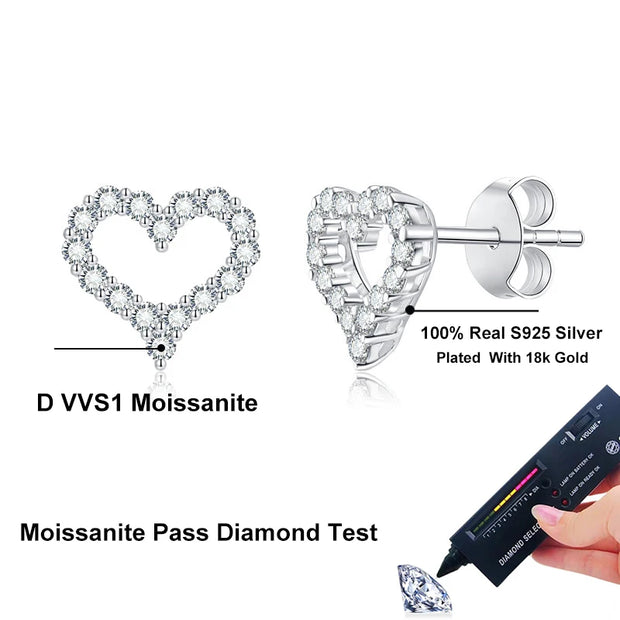 NeeTim All Moissanite Earrings for Women Heart Shape S925 Sterling Sliver with Gold Plated Earring Wedding Party Fine Jewelry